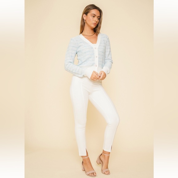 🆕Cardigan Sweater Two-Tone Yarn Pearl Button Down Mint Ivory - Picture 3 of 6